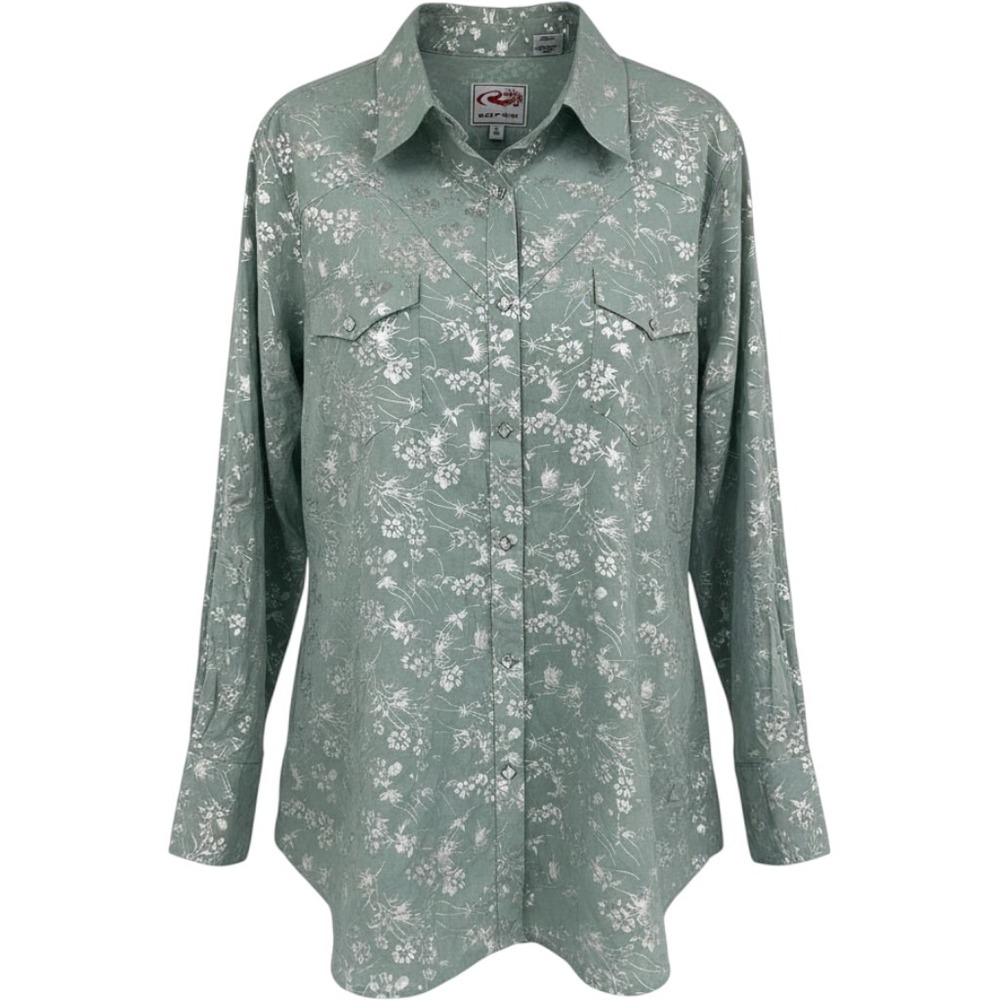 Roper Womens 1X Sage Green Silver Foil Floral Western Snap Shirt 350-565-2428BU
